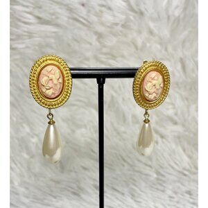 Vintage Marvella Faux Pearl Dangle Drop Earrings Gold Tone Carved Hummingbird